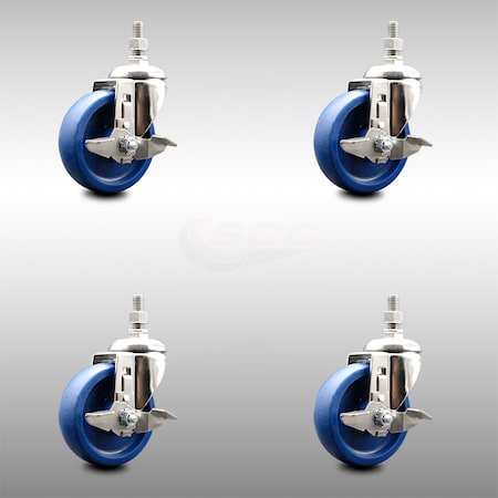 Service Caster 4 Inch 316SS Solid Polyurethane Swivel 10mm Threaded Stem Caster Set Brake SCC-SS316TS20S414-SPUS-TLB-M1015-4